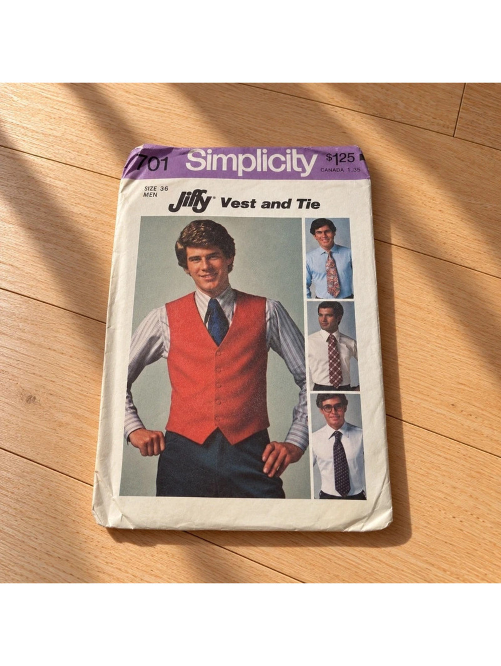 Vintage 1976 Simplicity 7701 Men's Vest Tie Sewing Pattern Size 36 Jiffy